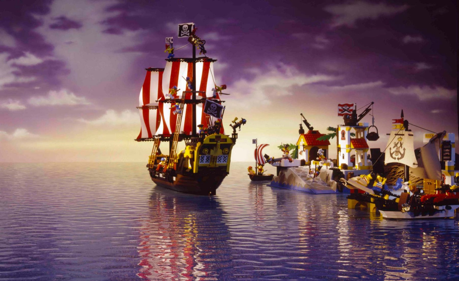 Black Seas Barracuda with red-and-white sails beside other classic LEGO Pirates models in a staged sea scene