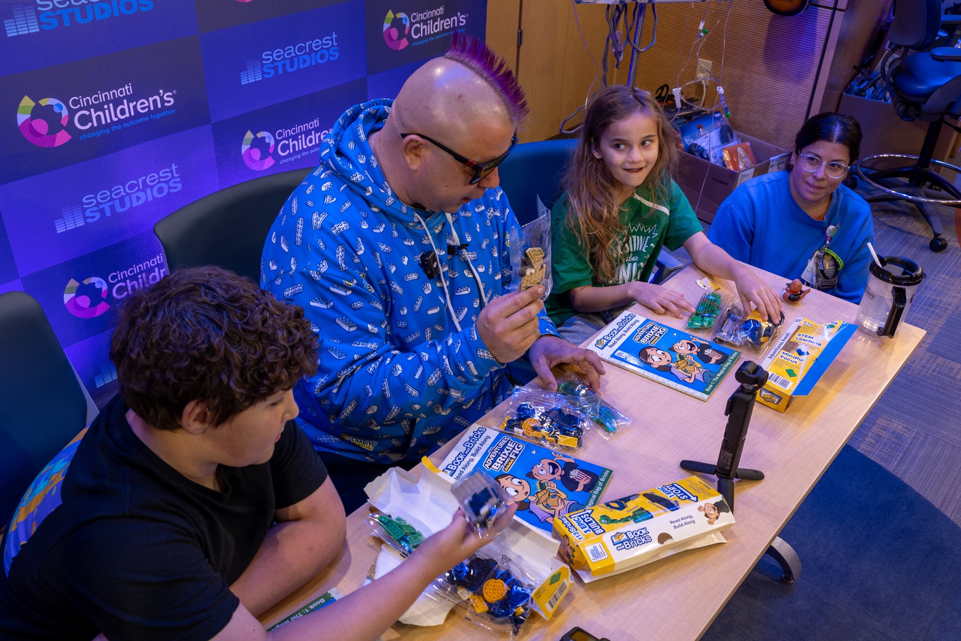 A LittleBricks Charity building activity with children at Cincinnati Children’s Seacrest Studios