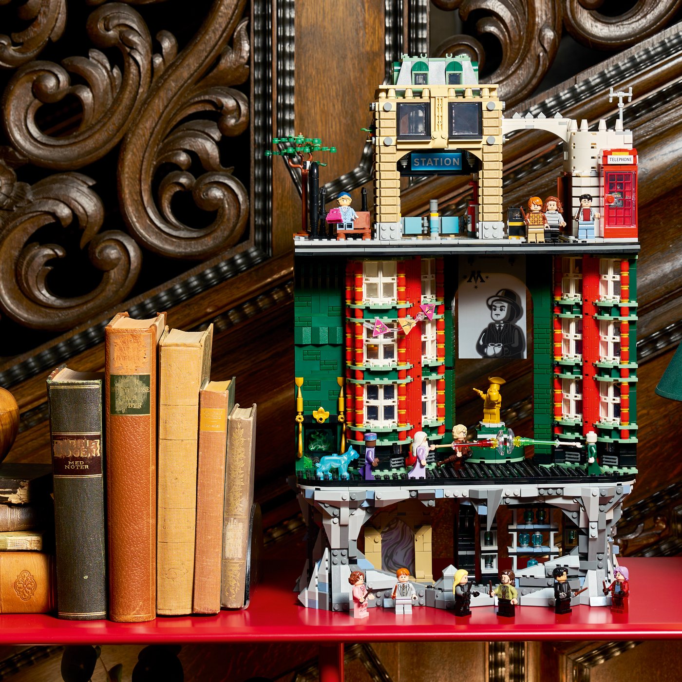 LEGO Ministry of Magic 76476 showing its stacked rooms and minifigures