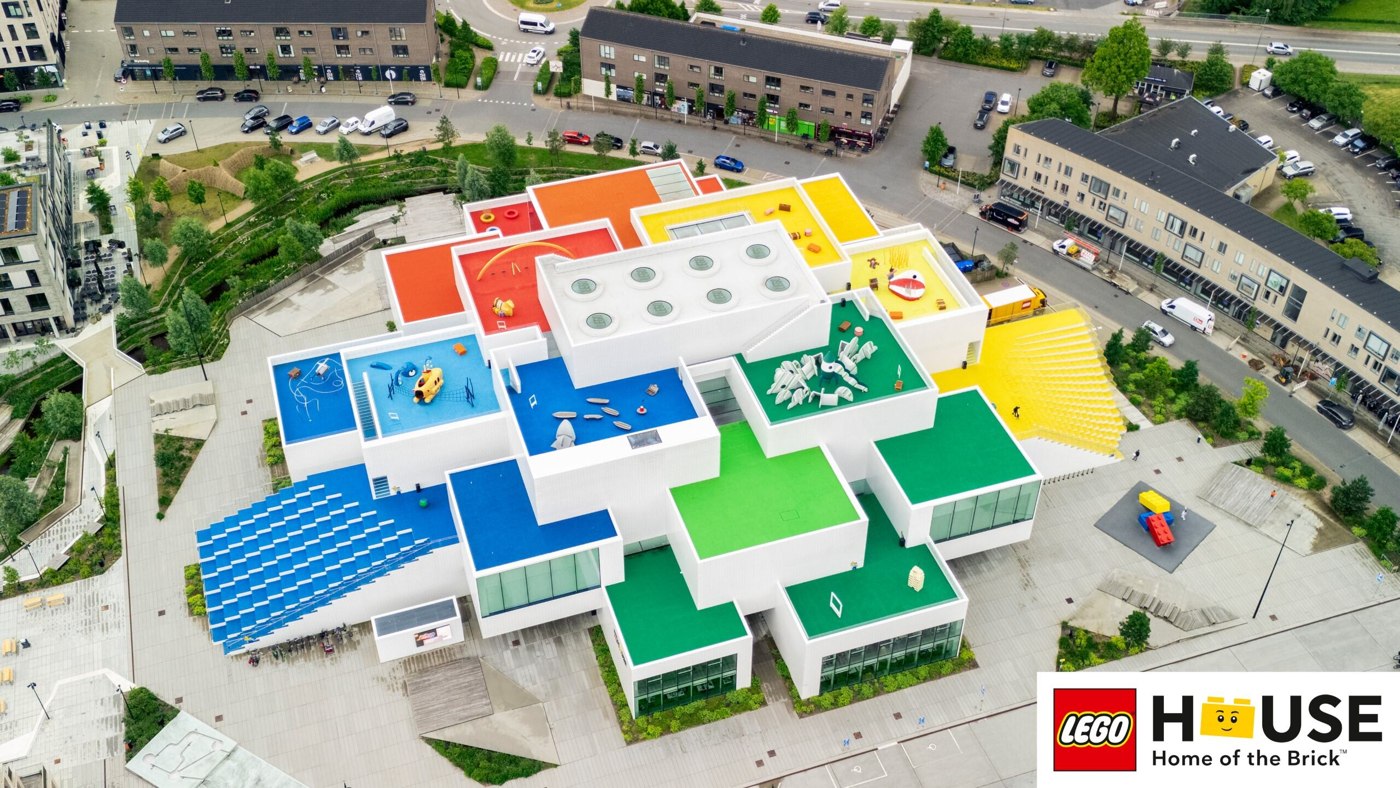 Aerial view of the colorful rooftop terraces at LEGO House in Billund
